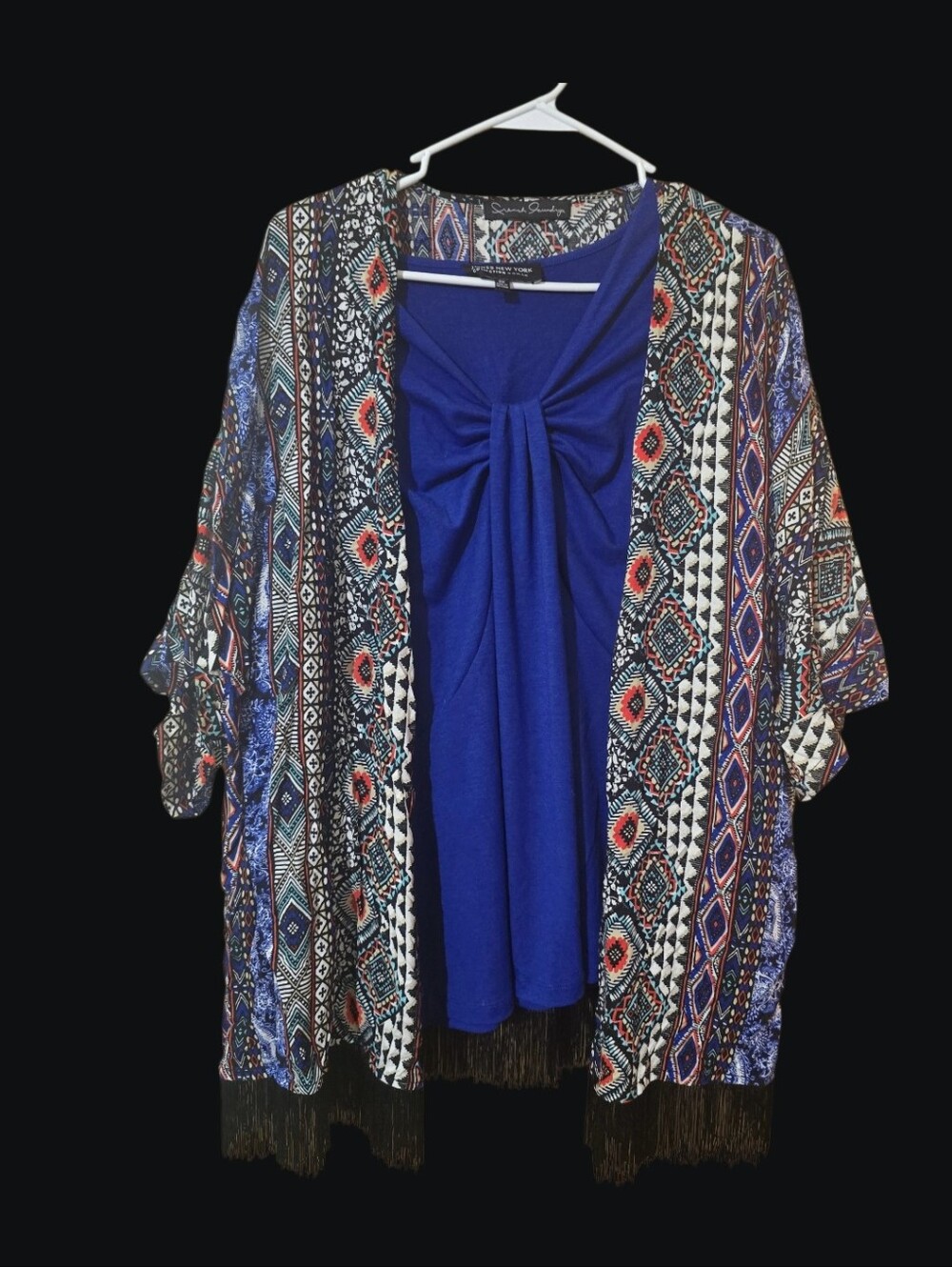 Blue Twist-Front Top with Patterned Boho Kimono